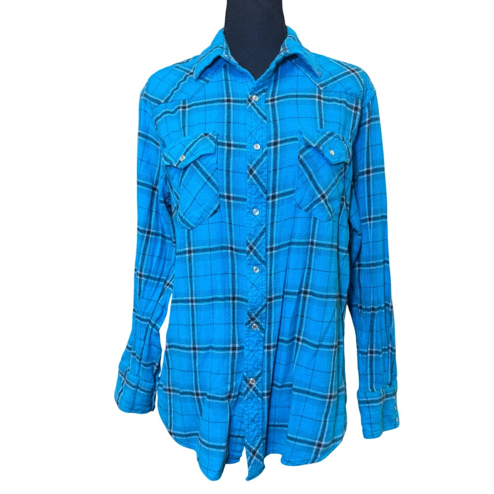Wrangler Wrancher Men L Turquoise Blue Plaid Western Pearl Snap Flannel Shirt